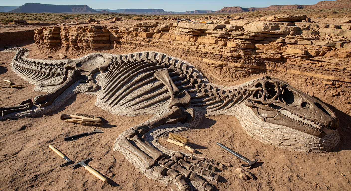 Fossilized dinosaur skeleton embedded in rock at an excavation site