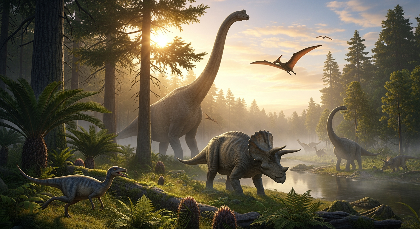 Several different dinosaurs together in a prehistoric landscape