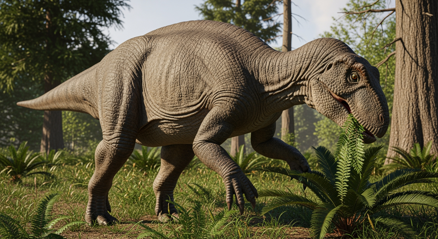 Paleo-art of an Iguanodon dinosaur with thumb spikes browsing vegetation