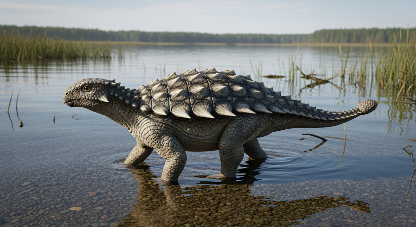 Paleo-art of Liaoningosaurus, a small armored dinosaur in shallow water