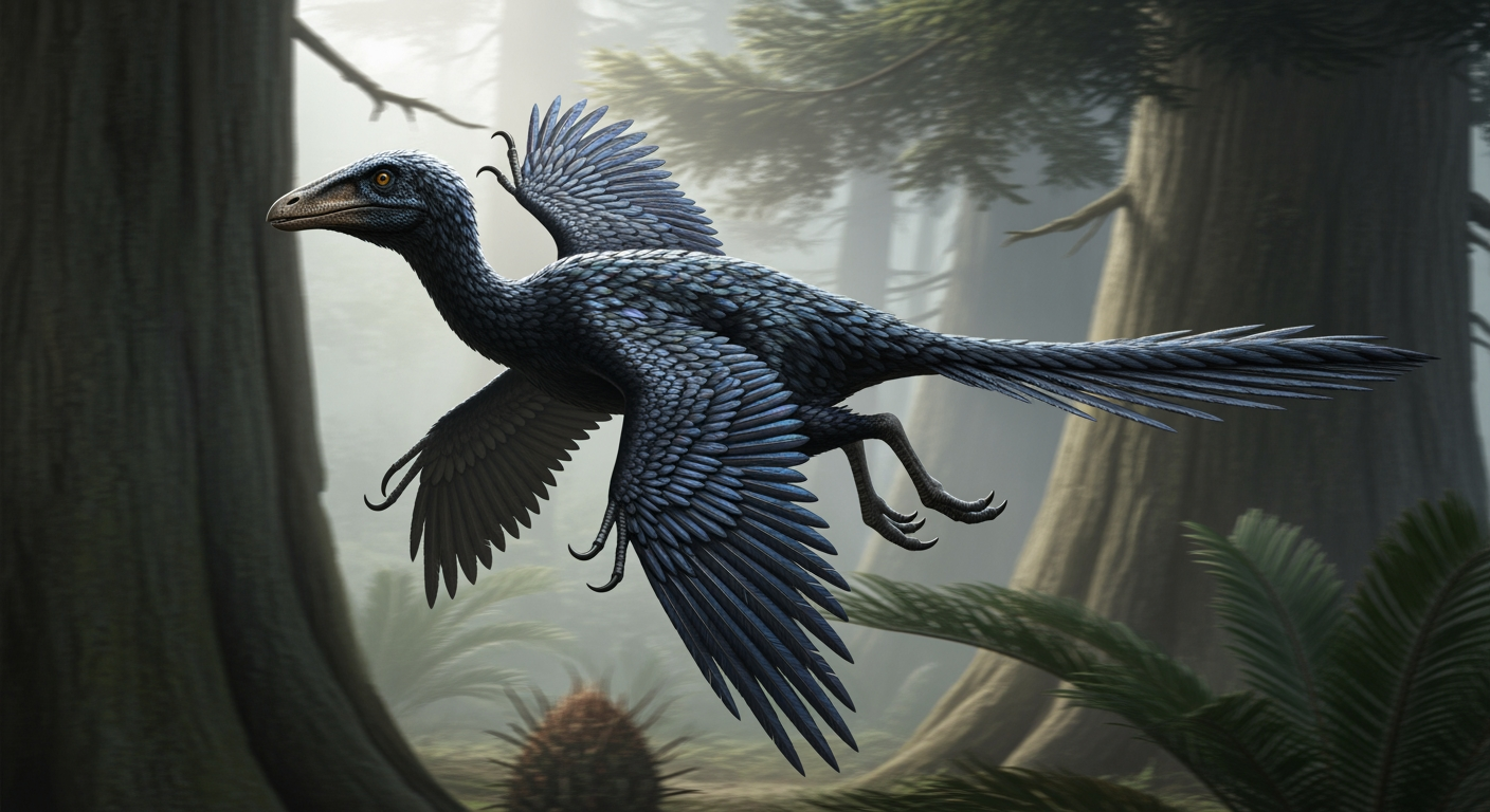Paleo-art of Microraptor, a small black feathered dinosaur with wings on all four limbs