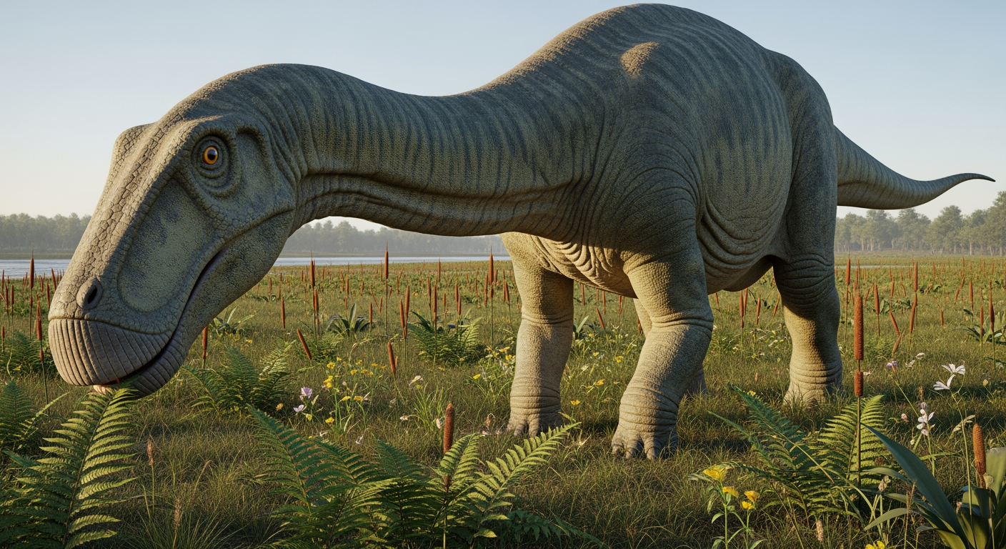 Paleo-art restoration of Nigersaurus, the dinosaur with 500 teeth, browsing at ground level