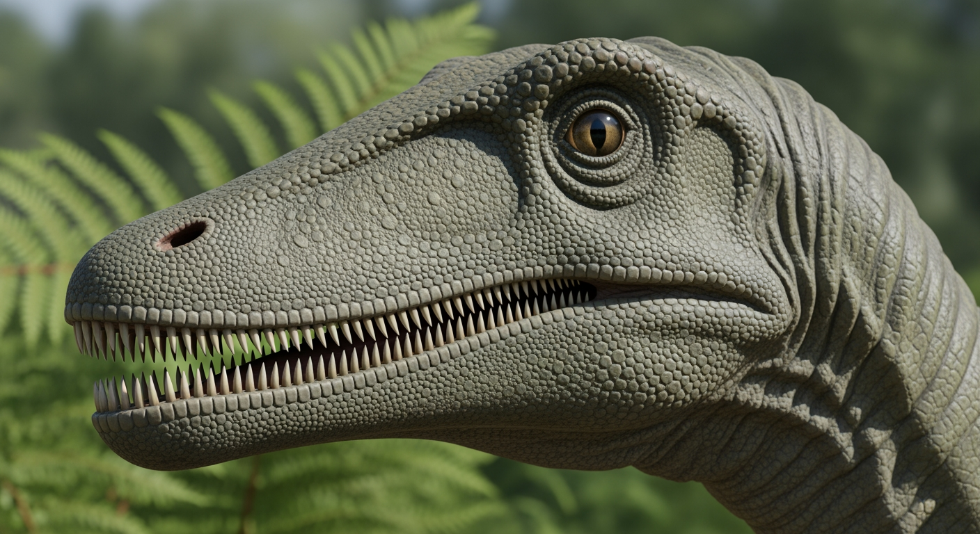 Close-up of the wide, straight-edged muzzle of Nigersaurus packed with rows of small teeth