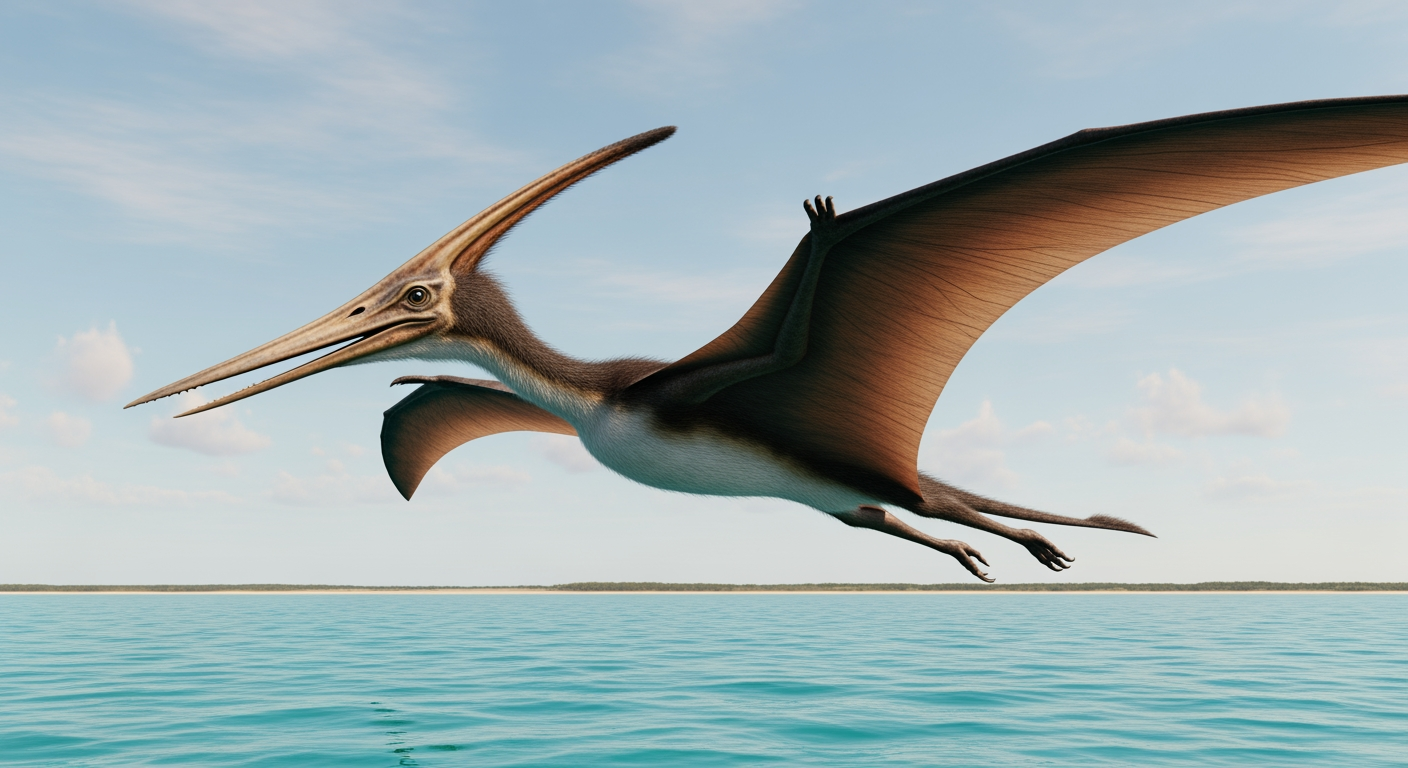 Paleo-art of Pteranodon, a large toothless crested pterosaur soaring over the sea