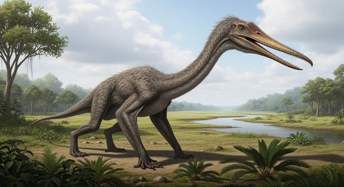Paleo-art of Quetzalcoatlus, a giant azhdarchid pterosaur standing tall on the ground