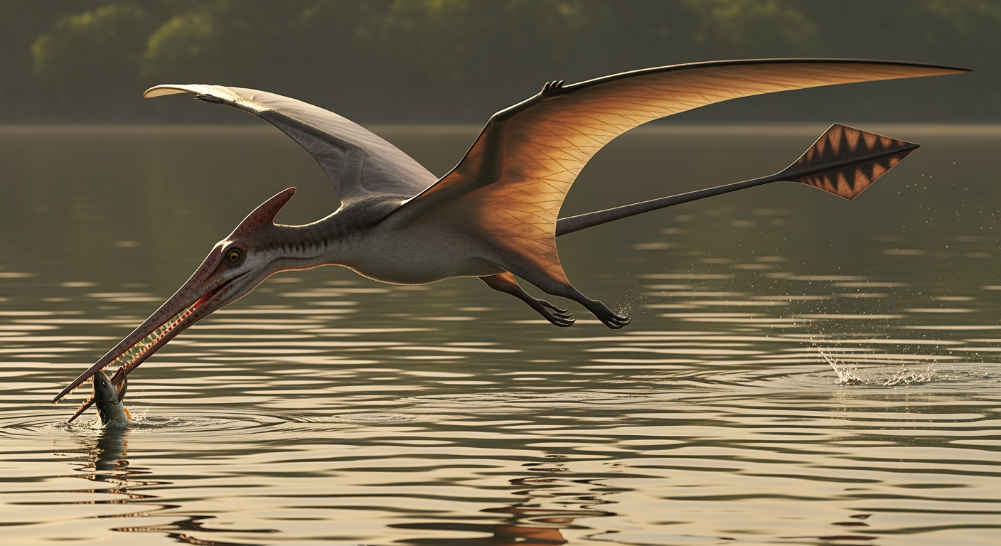 Paleo-art of Rhamphorhynchus, a long-tailed toothed pterosaur over water