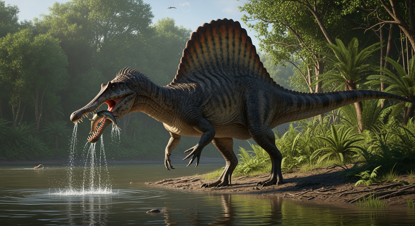 Paleo-art of a Spinosaurus dinosaur with a tall back sail near water