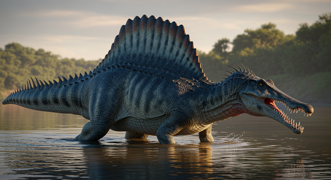 Paleo-art of Spinosaurus, a sail-backed semi-aquatic predatory dinosaur