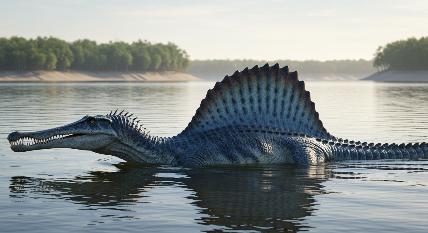 Paleo-art of Spinosaurus swimming in a river