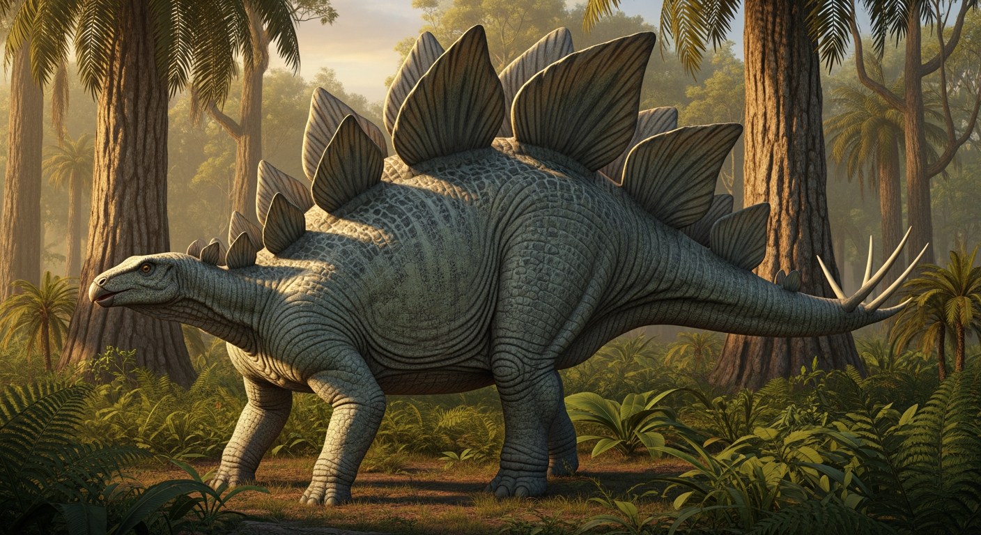 Paleo-art of a Stegosaurus dinosaur with back plates and spiked tail