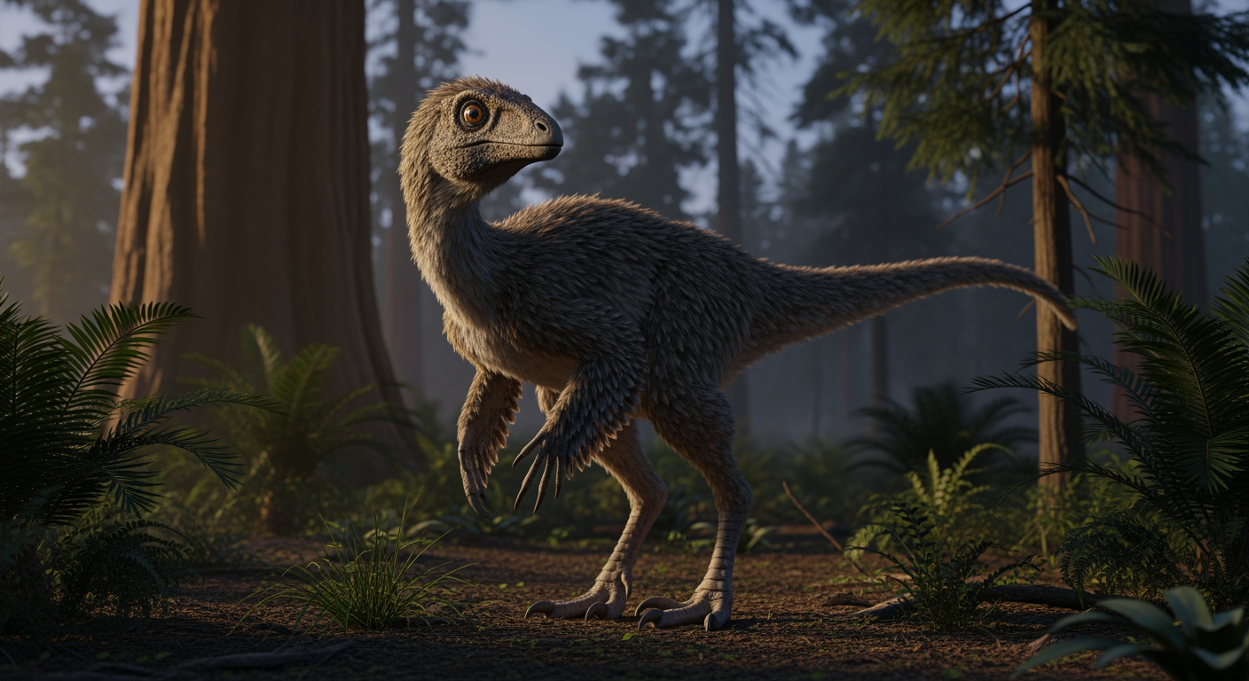 Paleo-art of a small feathered Troodon dinosaur with large eyes