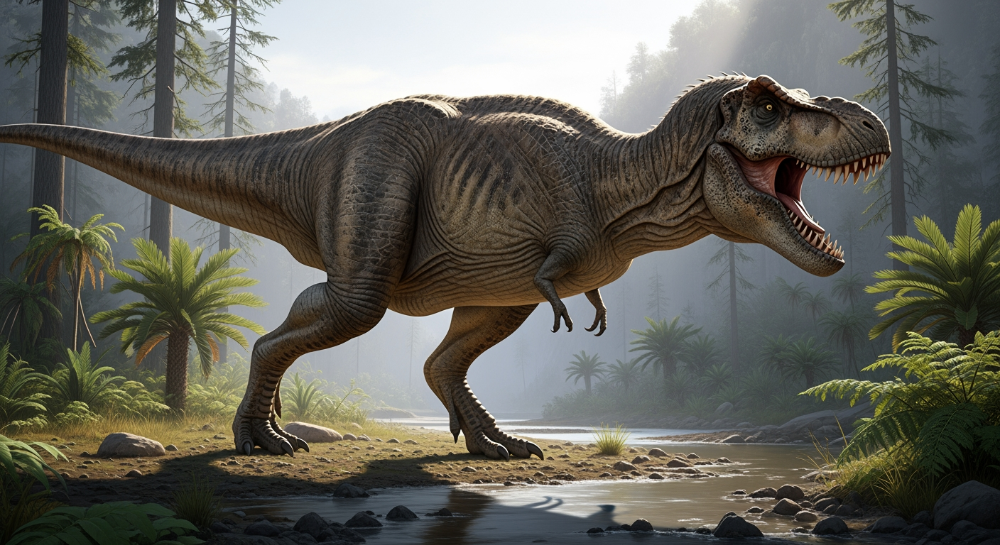 Paleo-art of a Tyrannosaurus rex predator dinosaur with open jaws
