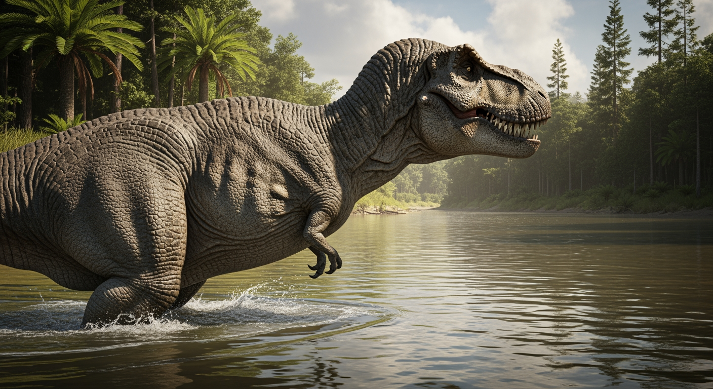 Paleo-art of Tyrannosaurus rex wading through water
