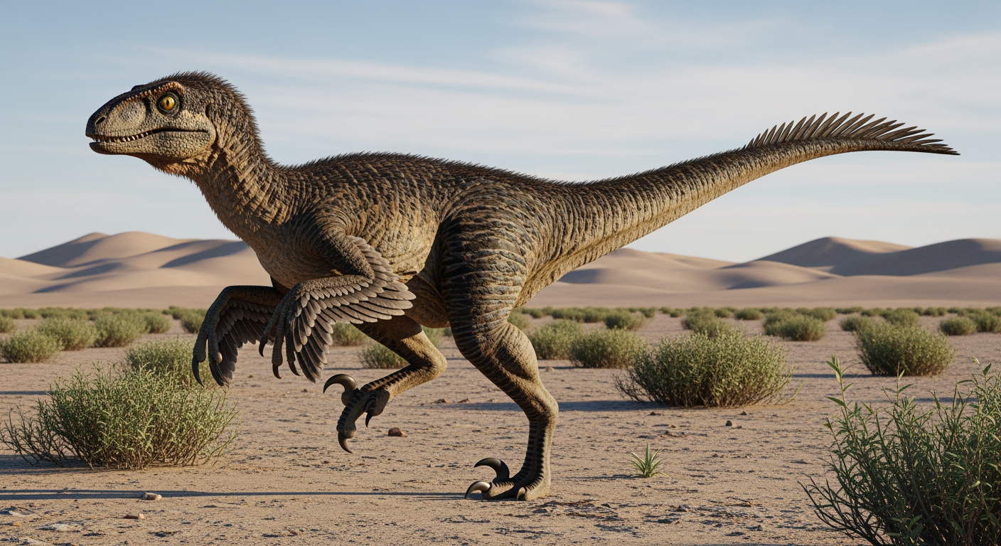 Paleo-art of a small feathered Velociraptor dinosaur with a sickle claw