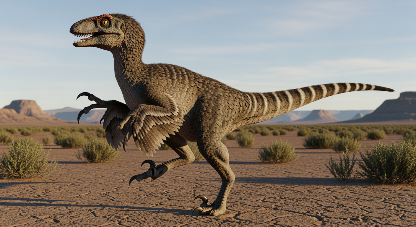 Paleo-art of a feathered Velociraptor, a small carnivorous dinosaur